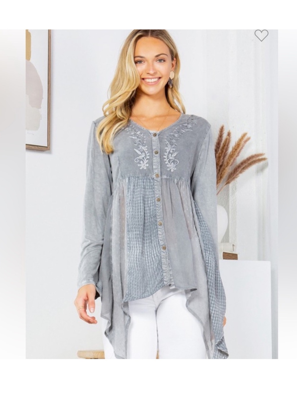 New: Young Threads Embroidered Mixed Patchwork Button-Front Tunic Blouse•L
